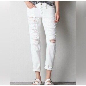 American Eagle Sz 0 Tomgirl Destroyed Jeans Boyfriend White Button Fly Y2K